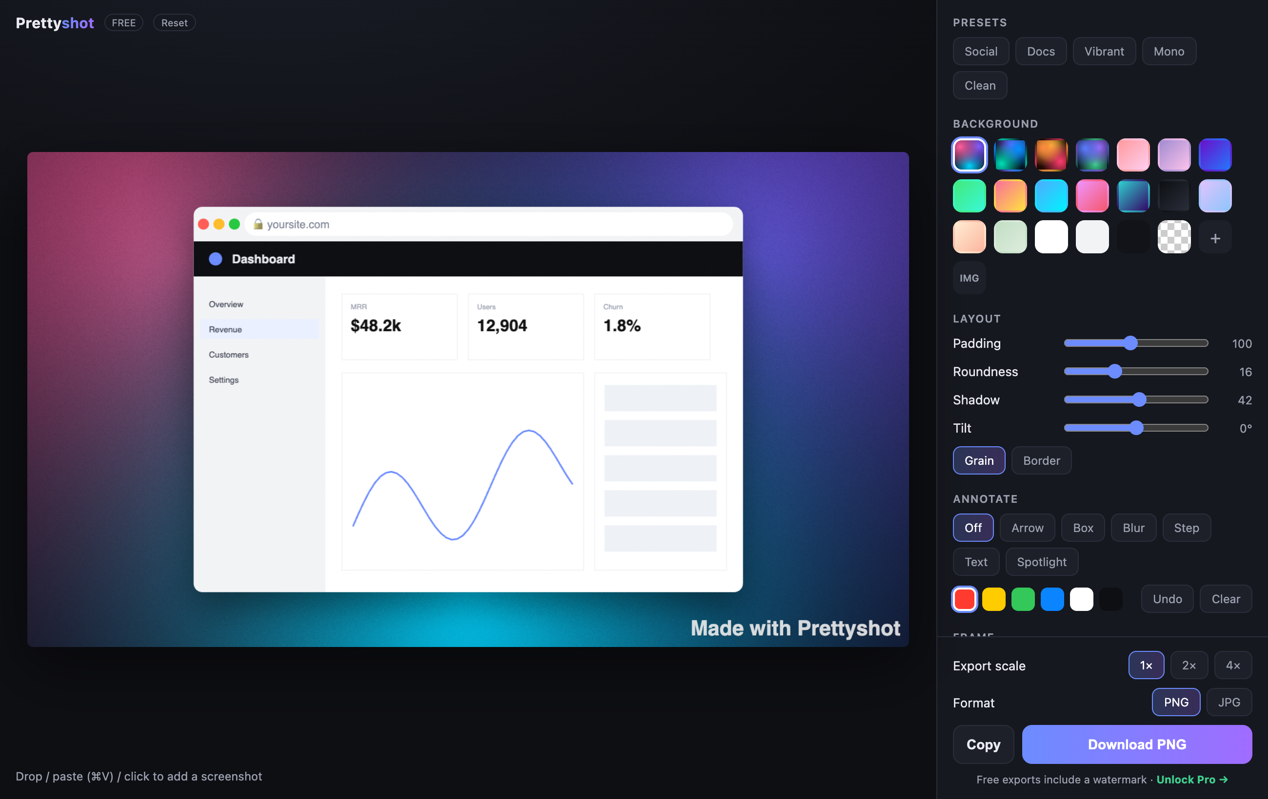 Prettyshot editor with a framed screenshot on a gradient background